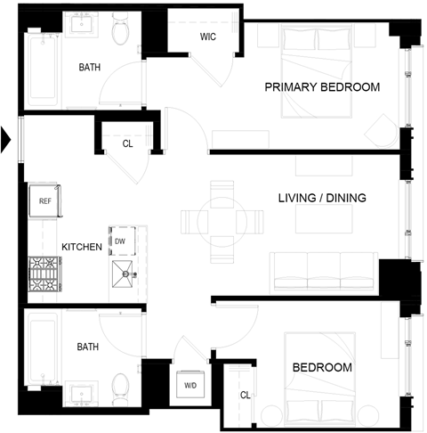 Floor plan for 2 beds, 2 baths, 720 sqft